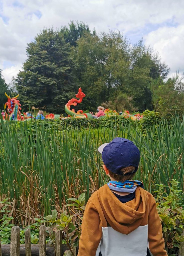 Junge beobachtet Karussell im Freizeitpark Serengetipark Hodenhagen