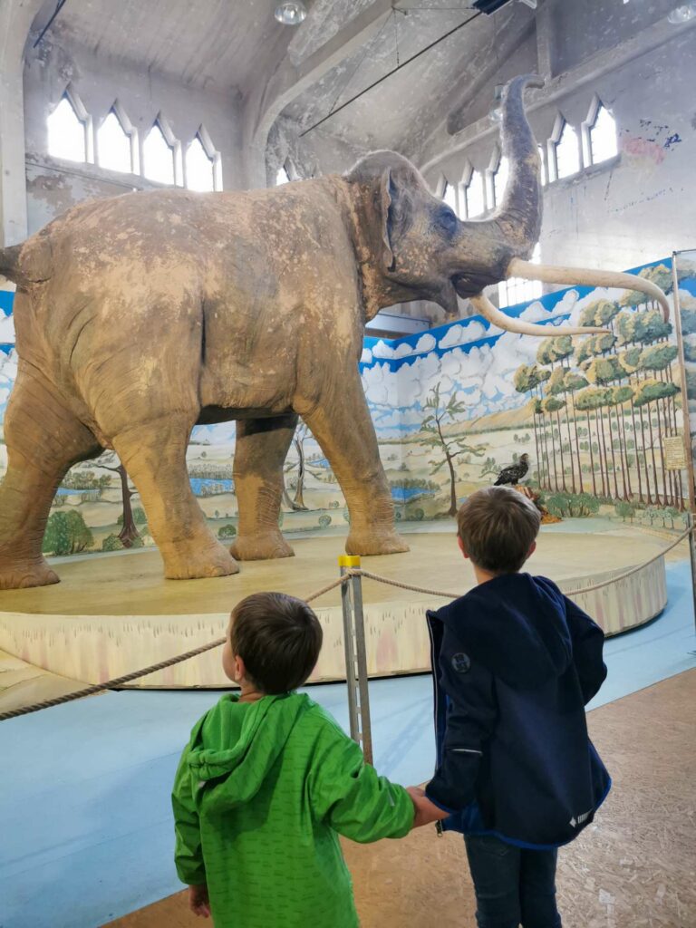 Kinder vor dem Urelefanten in der Zentralwerkstadt Pfännerhall im Geiseltal